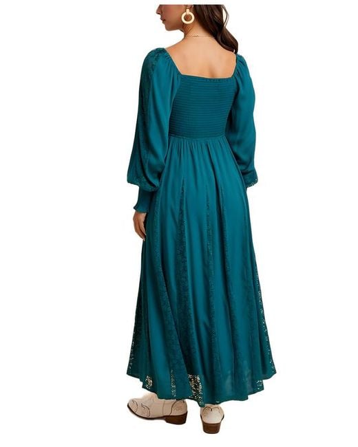 Knit & Lounge Blue Long Sleeve Maxi Dress With Smocked Bodice And Lace Insets