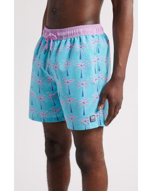 Tom & Teddy Blue Palm Tree Print Swim Trunks for men