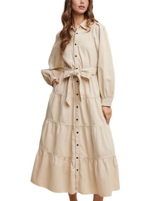 Knit & Lounge Natural Tiered Belted Bishop Sleeve Maxi Shirt Dress