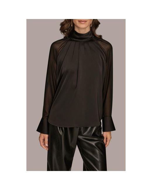 Donna Karan Black Pleated Sheer Sleeve Top