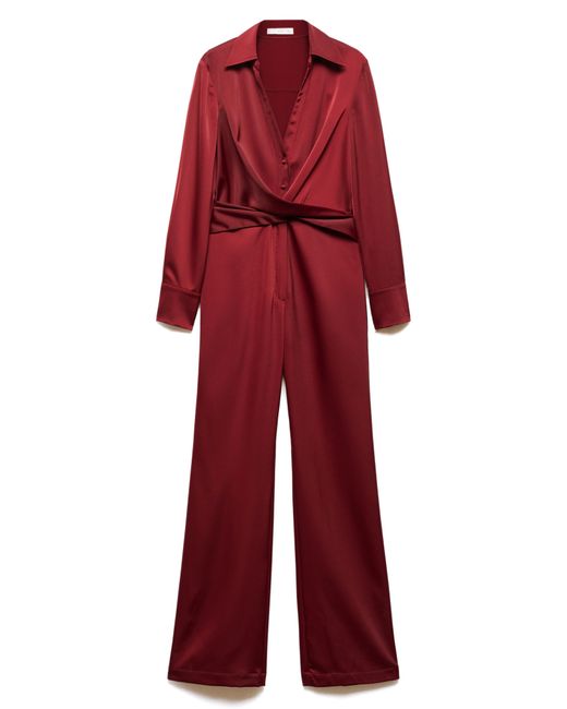 Mango Red Wrap Waist V-neck Long Sleeve Jumpsuit