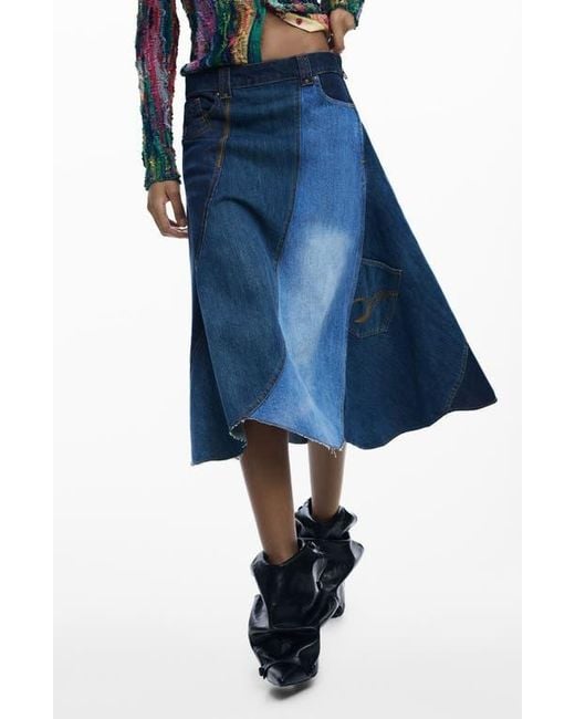 Desigual Blue Patchwork A-Line Skirt