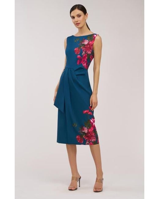 Kay Unger Blue Devin Placement Print Pleated Midi Cocktail Dress