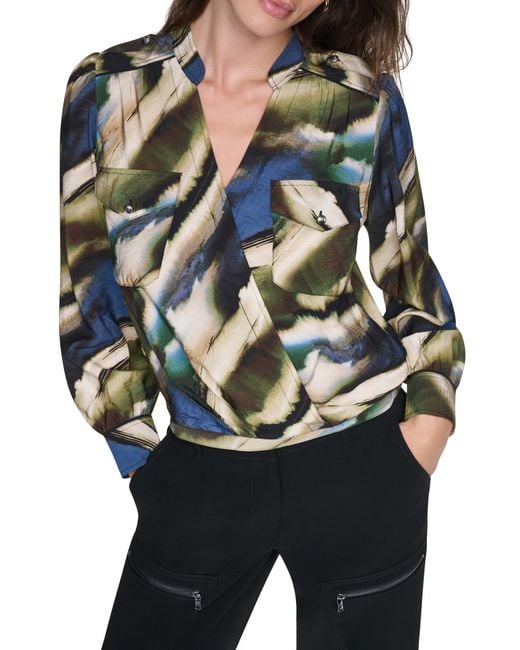 DKNY Multicolor Print Surplice Top
