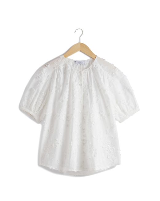 & Other Stories White & Floral Texture Front Button Cotton Top