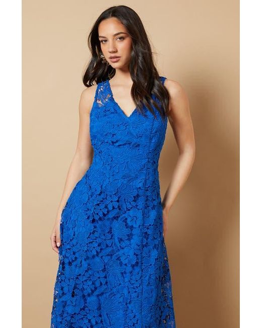 Oasis Blue Floral Lace V-Neck Midi Dress