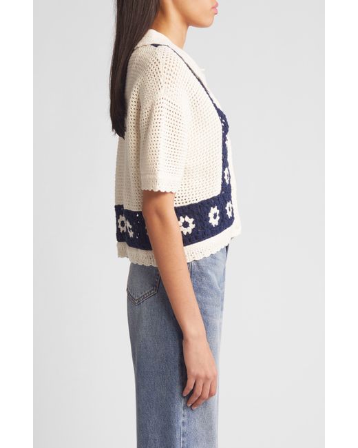 Rails Blue Milan Crochet Accent Open Stitch Short Sleeve Cotton Sweater