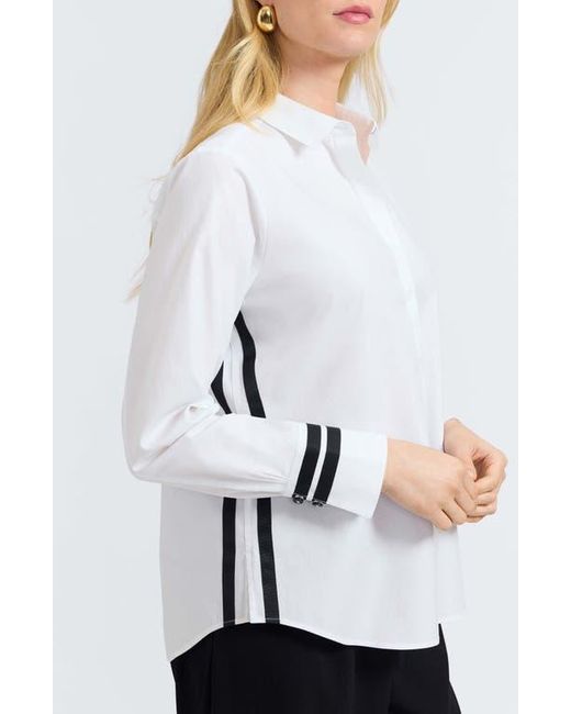 Foxcroft White Brooke Grosgrain Trim Cotton Button-Up Shirt
