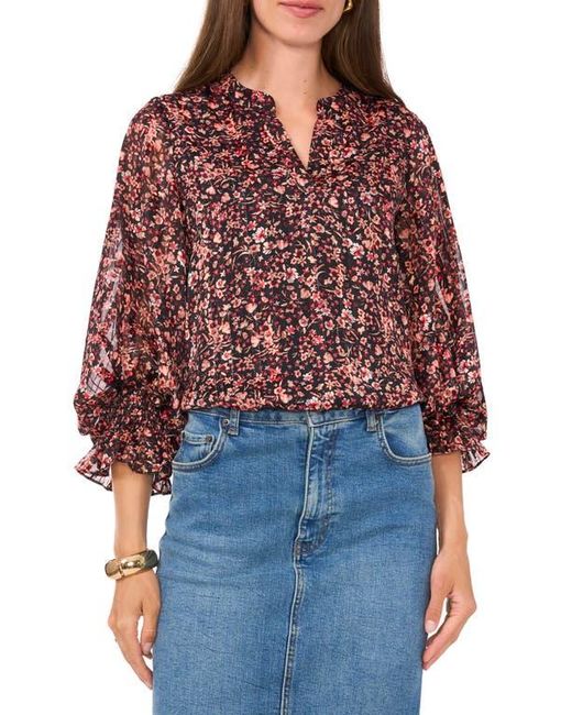 Vince Camuto Red Floral Metallic Split Neck Top