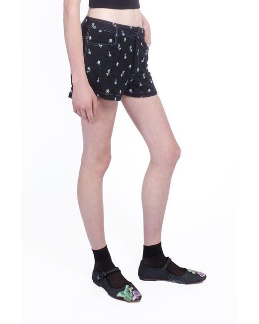 Anna Sui Blue Denim Embroidered Roses Shorts