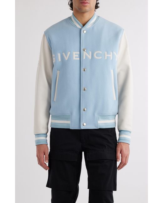 Givenchy Blue Embroidered Logo Mixed Media Leather & Wool Blend Varsity Jacket for men