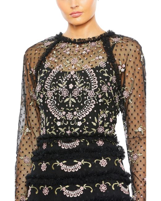 Mac Duggal Black Floral Embroidered Mesh Long Sleeve Column Gown