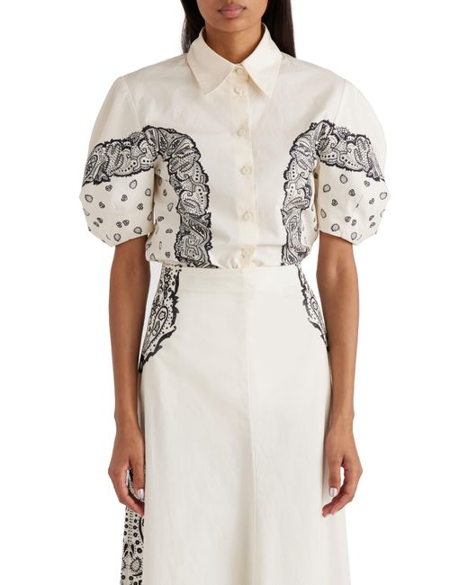 Chloé Natural Embroidered Puff Sleeve Button-up Shirt