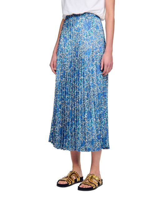 Sandro Blue Anjel Floral Pleated Skirt