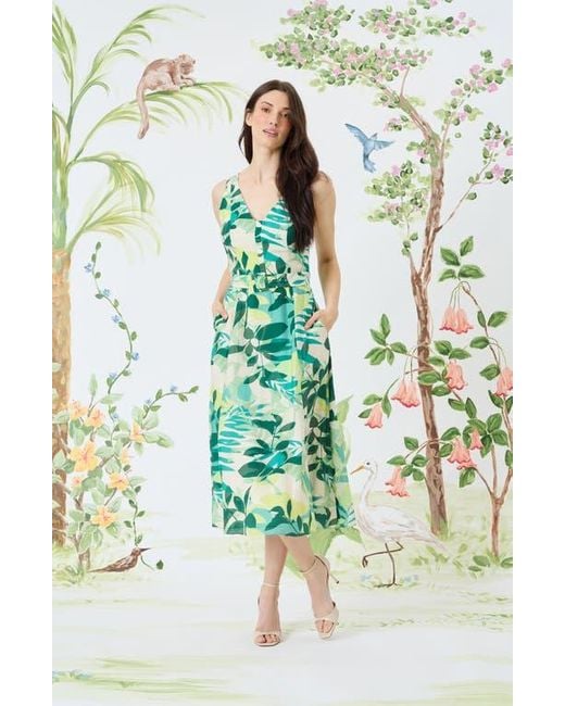 Maggy London Green Botanical Print Belted A-Line Dress