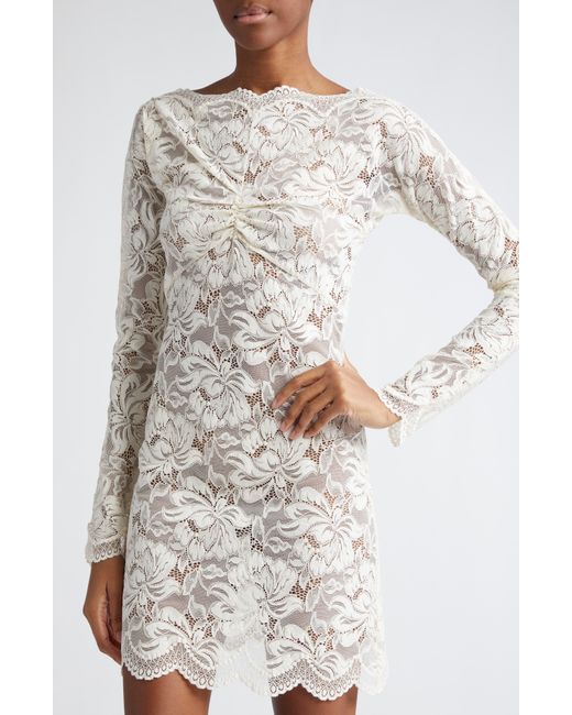 Rabanne Natural Ruched Long Sleeve Sheer Stretch Lace Minidress