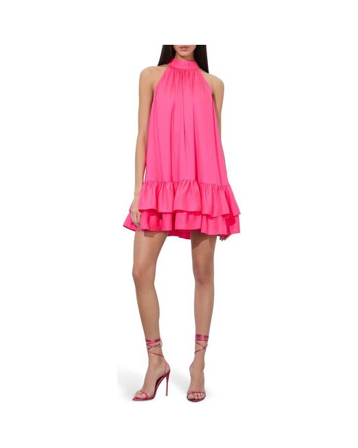 Alice + Olivia Pink Erna Tie Back Ruffle Sleeveless Matte Satin Minidress