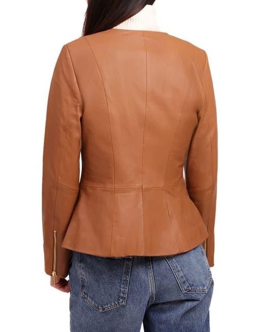Bagatelle Brown Genuine Leather Zip Front Peplum Jacket