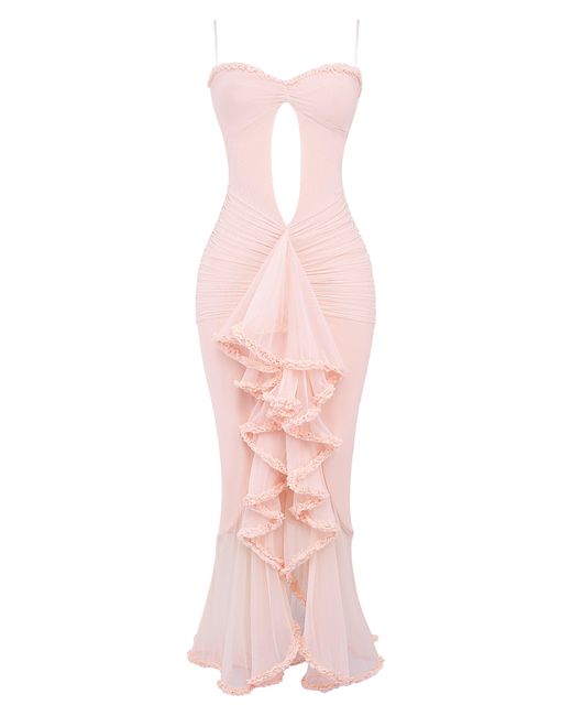 House Of Cb Pink Gabriella Keyhole & Ruffle Mesh Body-con Gown