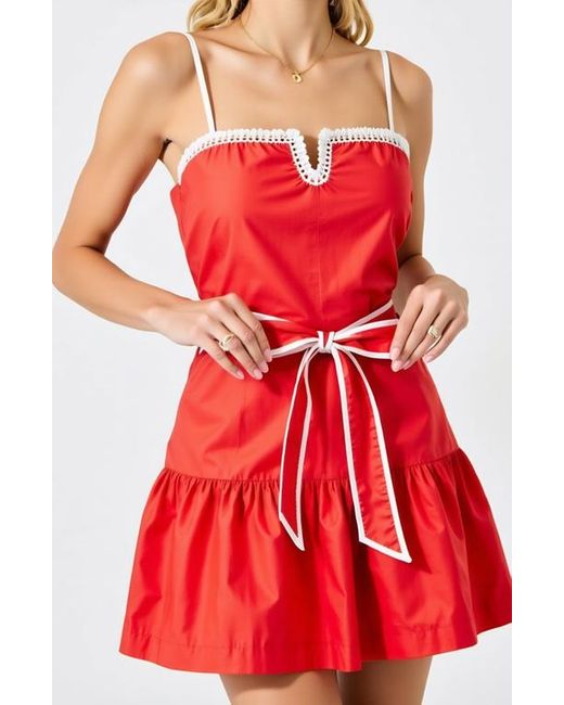 Modenaire Red Spaghetti-Strap Crochet-Trim Tie-Waist Mini Dress