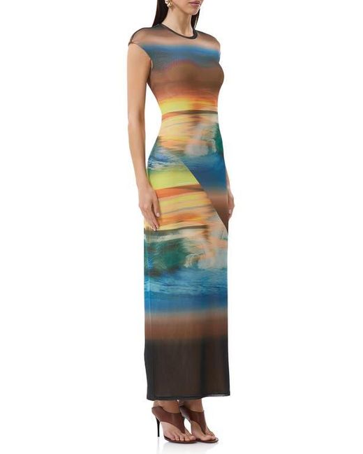 AFRM Blue Cody Print Cap Sleeve Mesh Maxi Dress