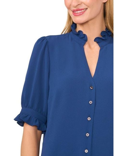 Cece Blue V-Neck Button-Up Shirt