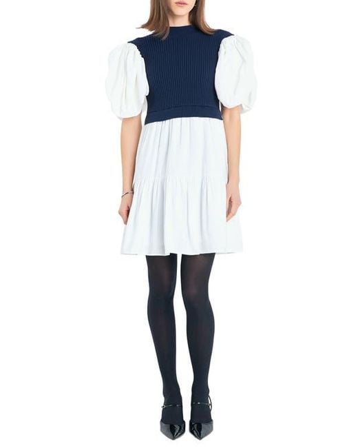English Factory Blue Puff Sleeve Mixed Media Sweater Dress