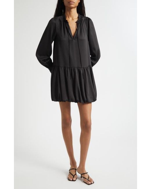 Cinq À Sept Black Valetta Bubble Hem Long Sleeve Satin Minidress