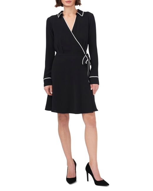 Halogen® Halogen(r) Collar Long Sleeve Faux Wrap Dress in Black | Lyst