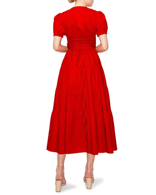 MELLODAY Red Puff Sleeve Button Front Linen Blend Fit & Flare Midi Dress