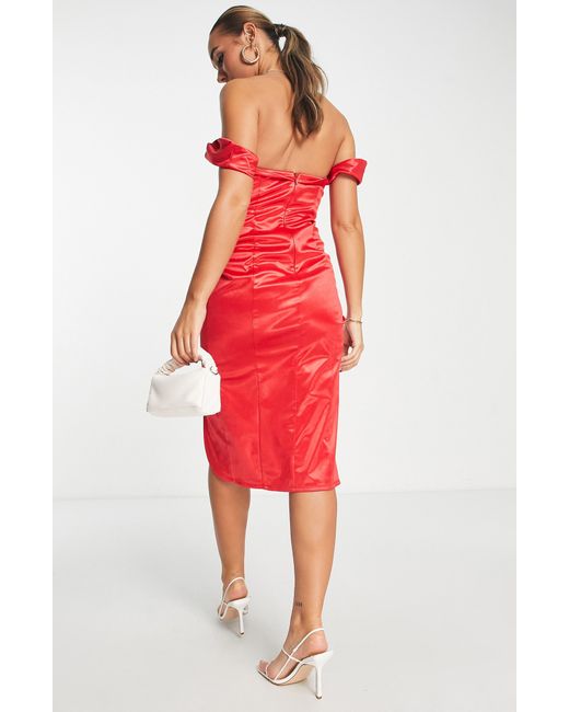 ASOS Off The Shoulder Ruched Dress in Red | Lyst