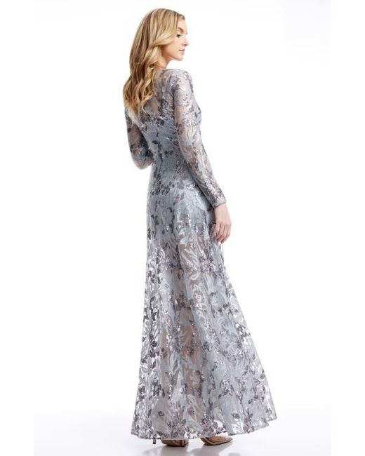 Dress the Population Gray Ava Sequin Floral Long Sleeve A-Line Gown