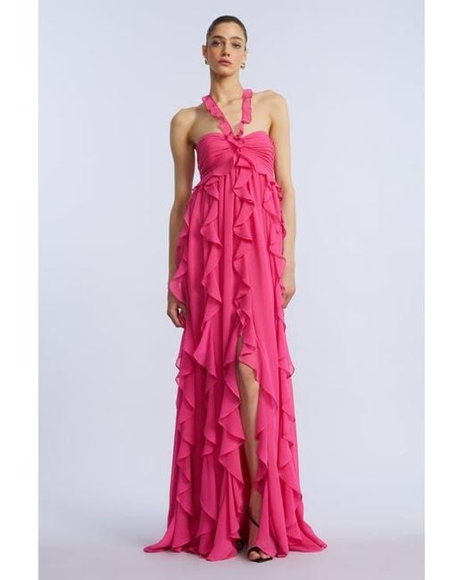 BCBGMAXAZRIA Pink Ruffle Chiffon Gown