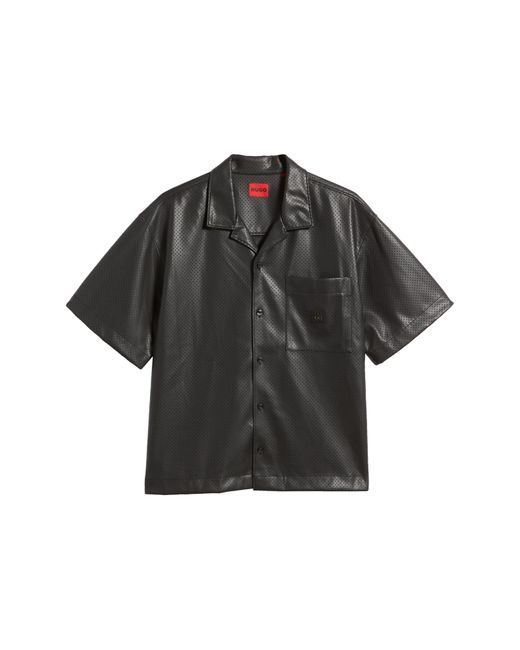 HUGO Black Egeeno Oversize Short Sleeve Faux Leather Button-up Shirt for men