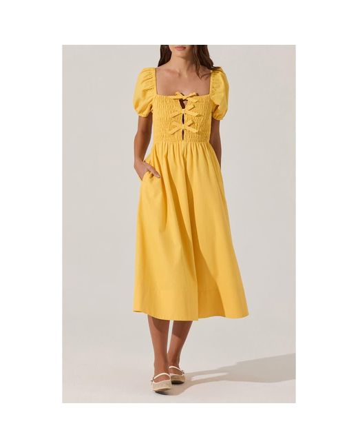 Astr Yellow Bow Detail Smock Bodice Cotton Blend Dress