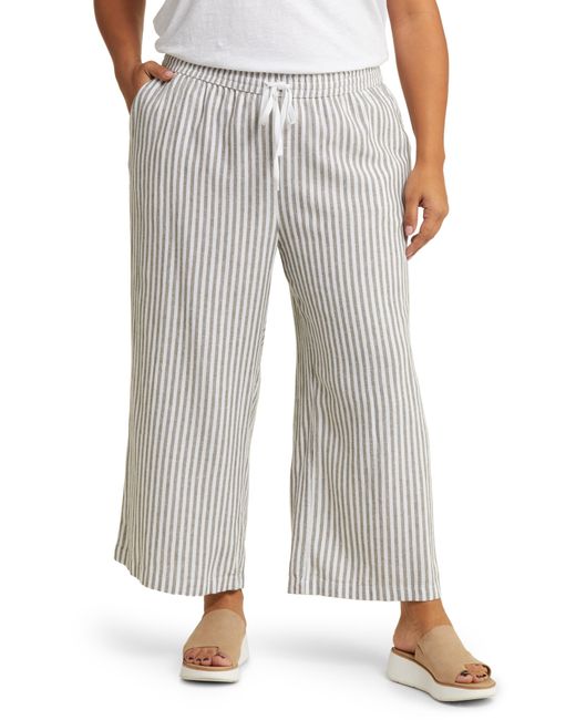 Caslon White Caslon(r) Stripe Tie Waist Wide Leg Linen Blend Pants