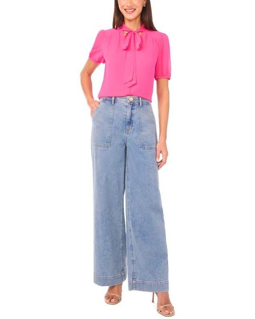 Cece Pink Puff Sleeve Tie Neck Top