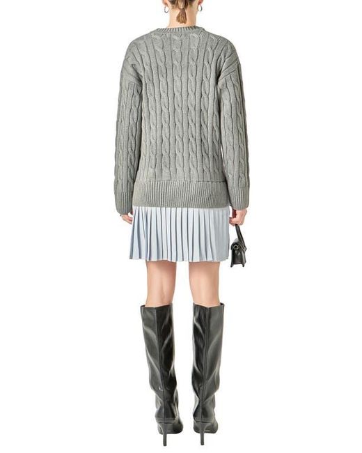 English Factory Gray Long Sleeve Pleated Mixed Media Sweater Dress
