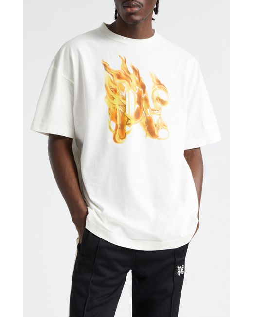 Palm Angels White Burning Monogram Cotton Graphic T-shirt for men