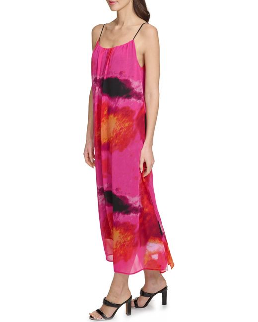 DKNY Pink Abstract Print Chiffon Maxi Dress