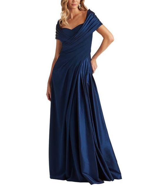 Tadashi Shoji Blue Portrait Collar Satin & Crepe Gown