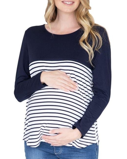 ANGEL MATERNITY Blue Solid & Stripe Nursing Top