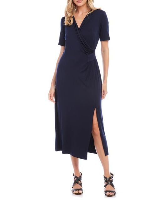 Karen Kane Women's Blue Faux Wrap Midi Dress