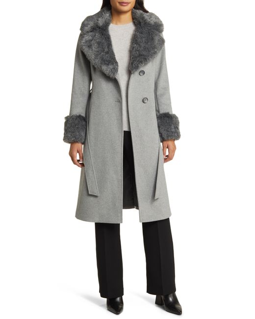 Via Spiga Gray Wool Blend Belted Coat With Faux Fur Trim