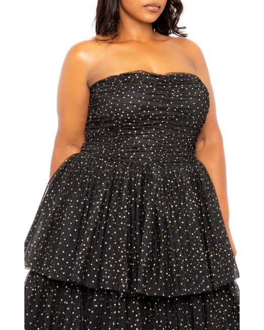 Buxom Couture Black Metallic Polka Dot Strapless Tiered Tulle Dress