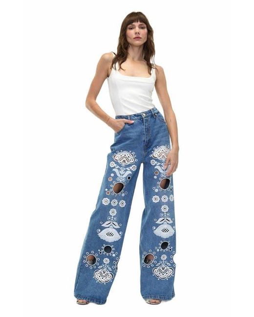 Cynthia Rowley Blue Embroidered Wide-Leg Jean