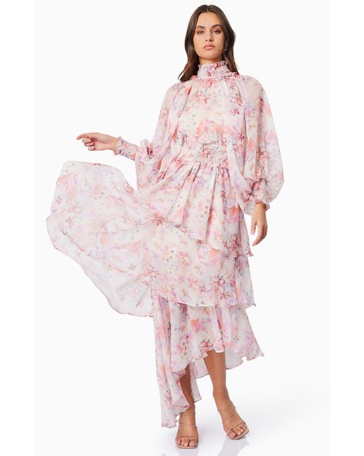 Elliatt Pink Astrid Floral Print Smocked Long Sleeve Dress