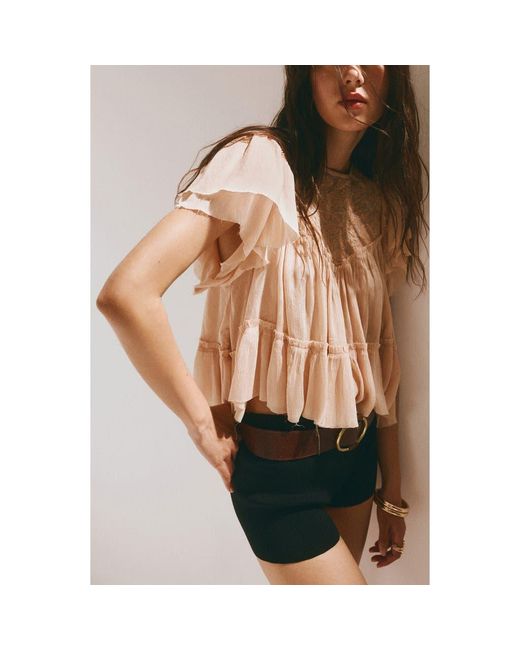 Mango Pink Ruffled Embroidered Blouse