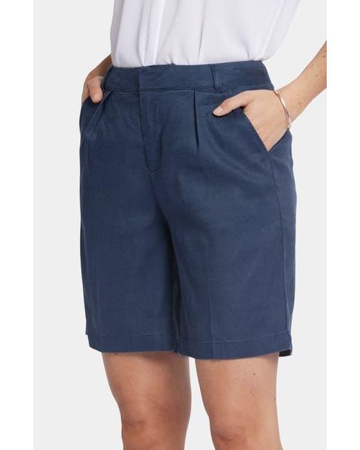 NYDJ Blue Relaxed Pleated Linen Blend Shorts
