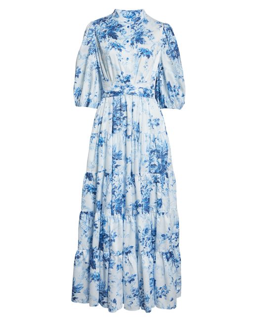Erdem Blue Floral Print Tiered Dress